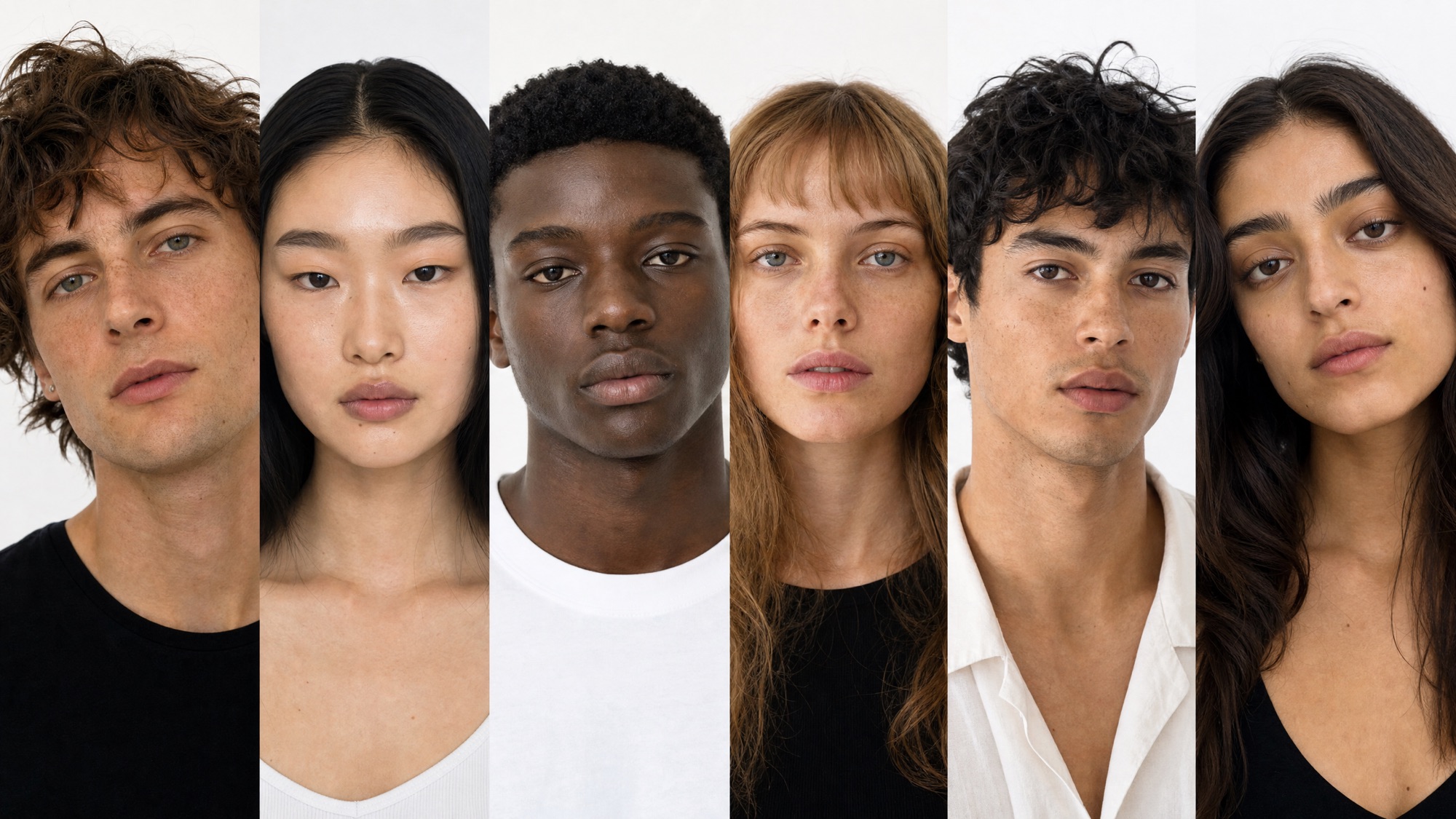 Six model portraits side by side, each shot in the same light and framing
