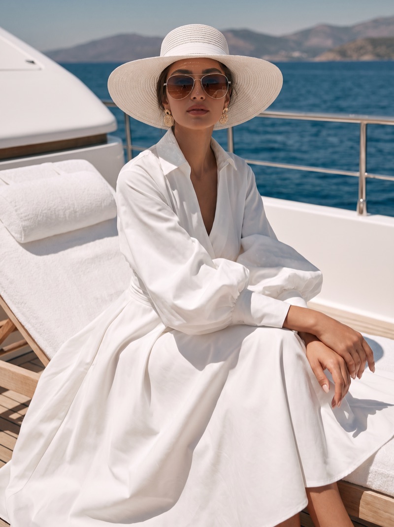 The model seated on a sun lounger, coastline behind